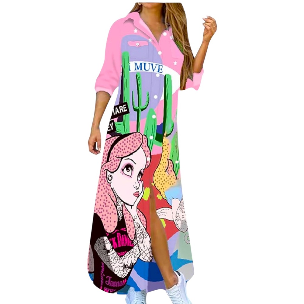 Pop art women’s pink whimsical tattoo princesses button up dress